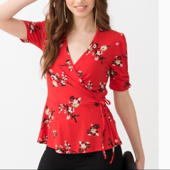 one Heart Clothing Tops - Red floral/ striped wrap peplum top